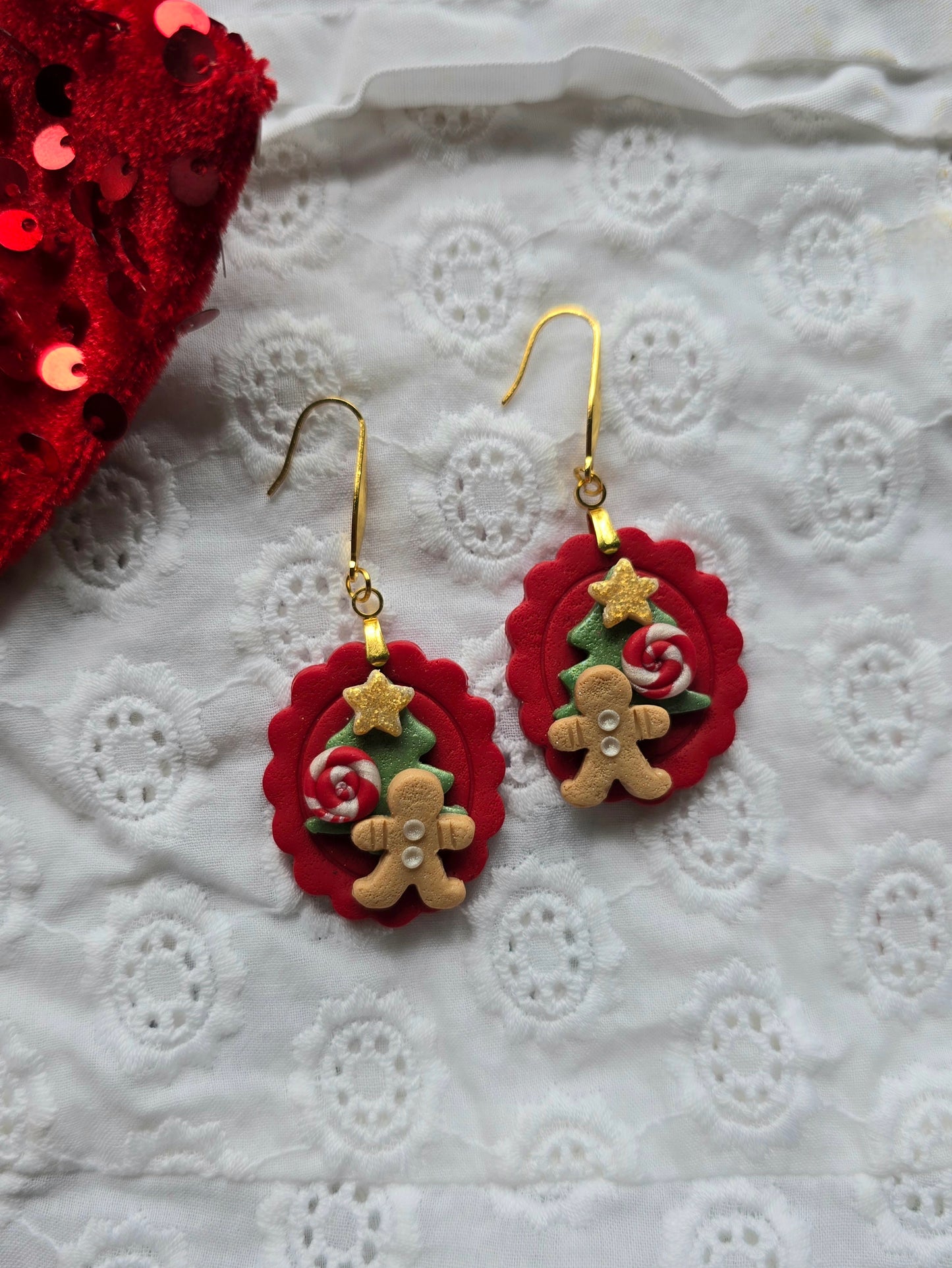 Miniature Gingerbread Christmas cookies in red - dangling earrings