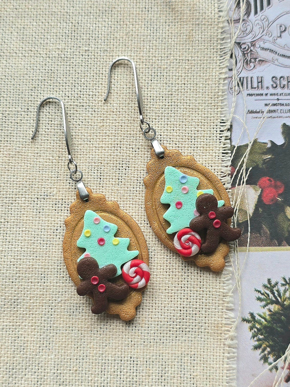 Miniature Gingerbread Christmas cookies in old gold - dangling earrings