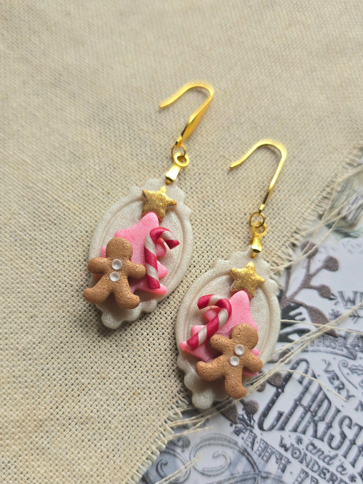 Miniature Gingerbread Christmas cookies in White - dangling earrings