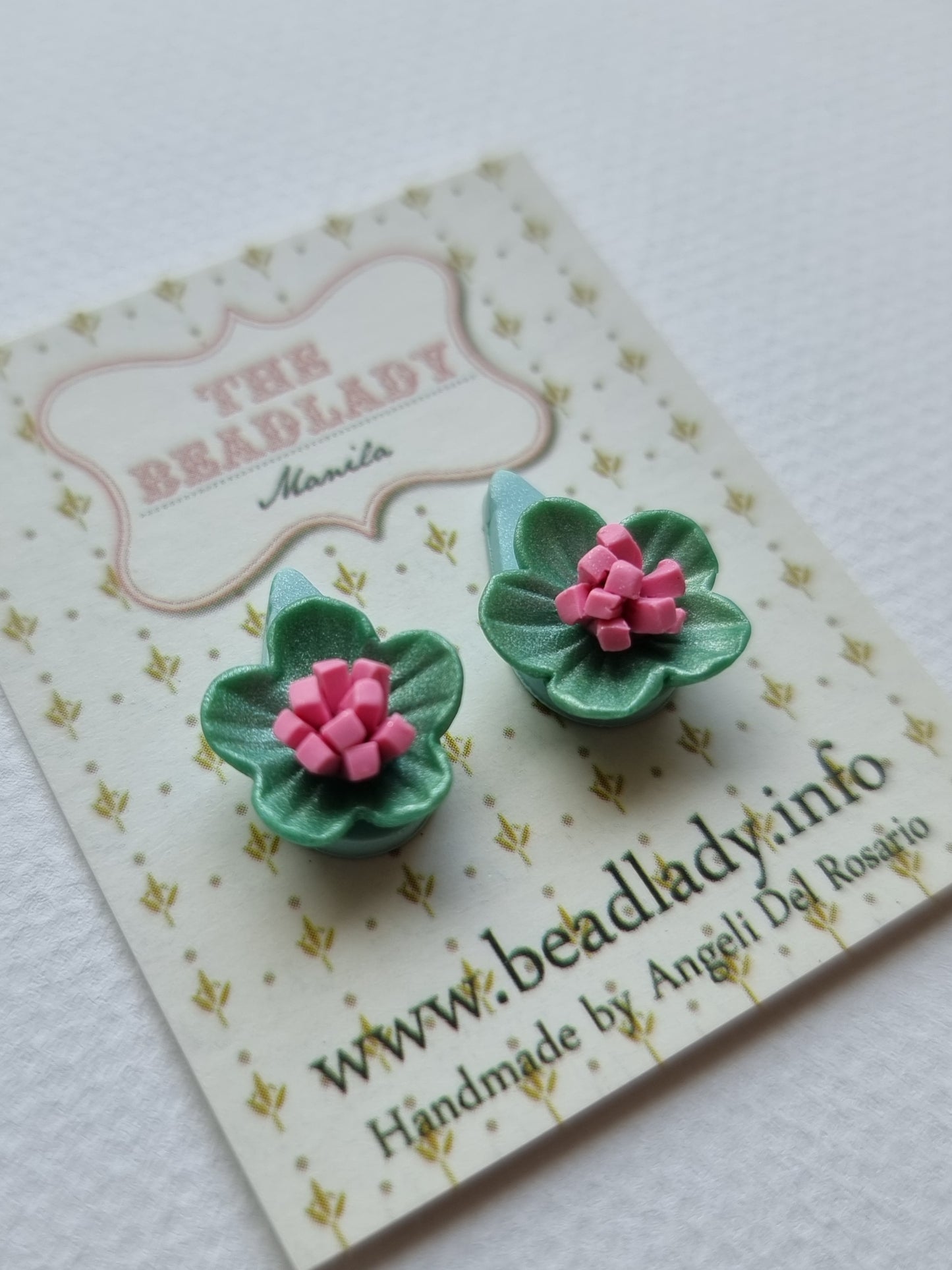Green Flower and Pink Pompom Fairydrops Stud Earrings
