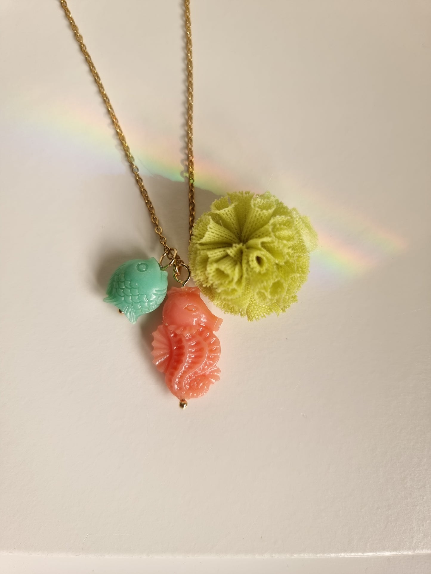 Meri! Seahorse charm necklace with green pompom