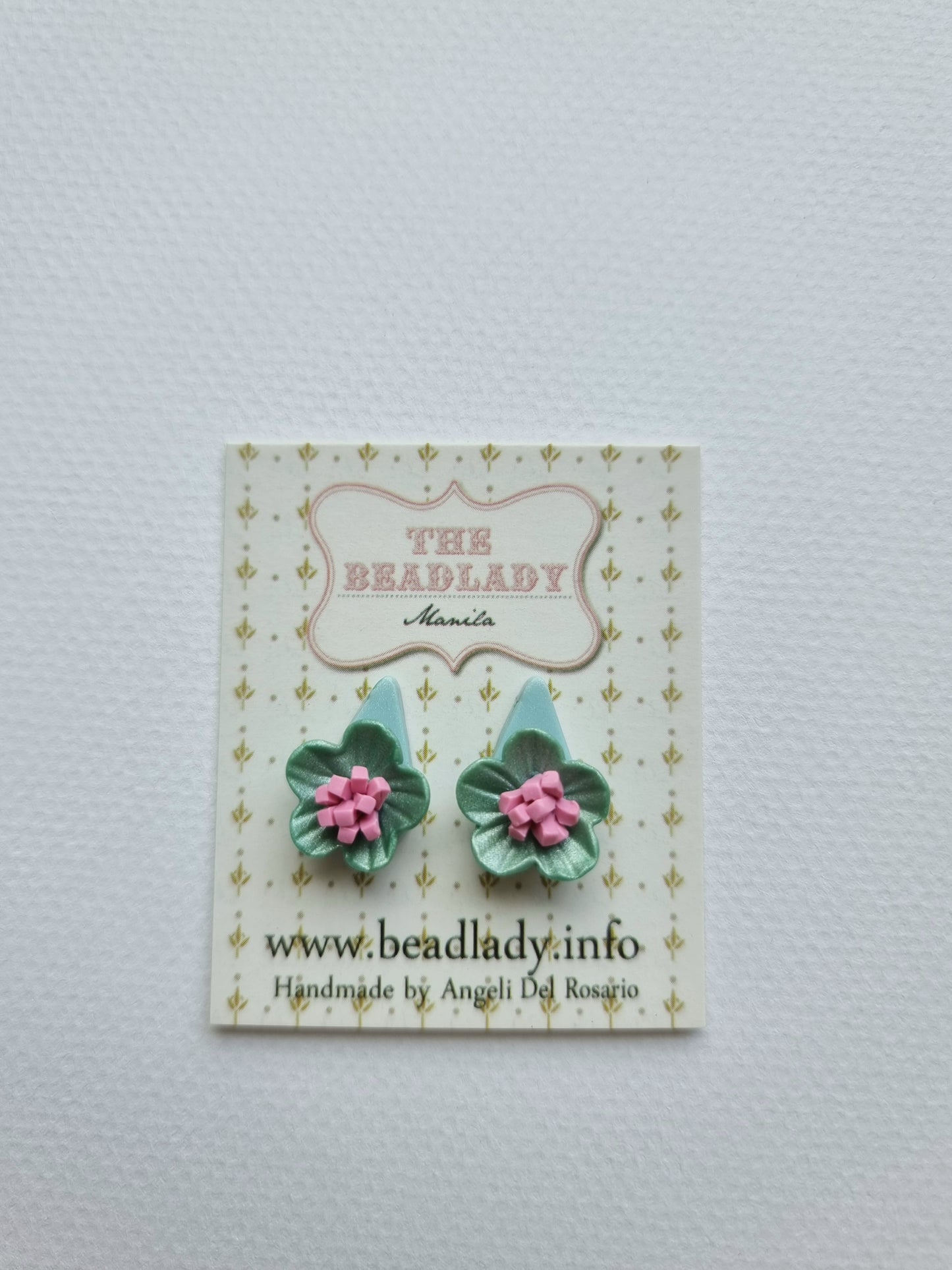 Green Flower and Pink Pompom Fairydrops Stud Earrings