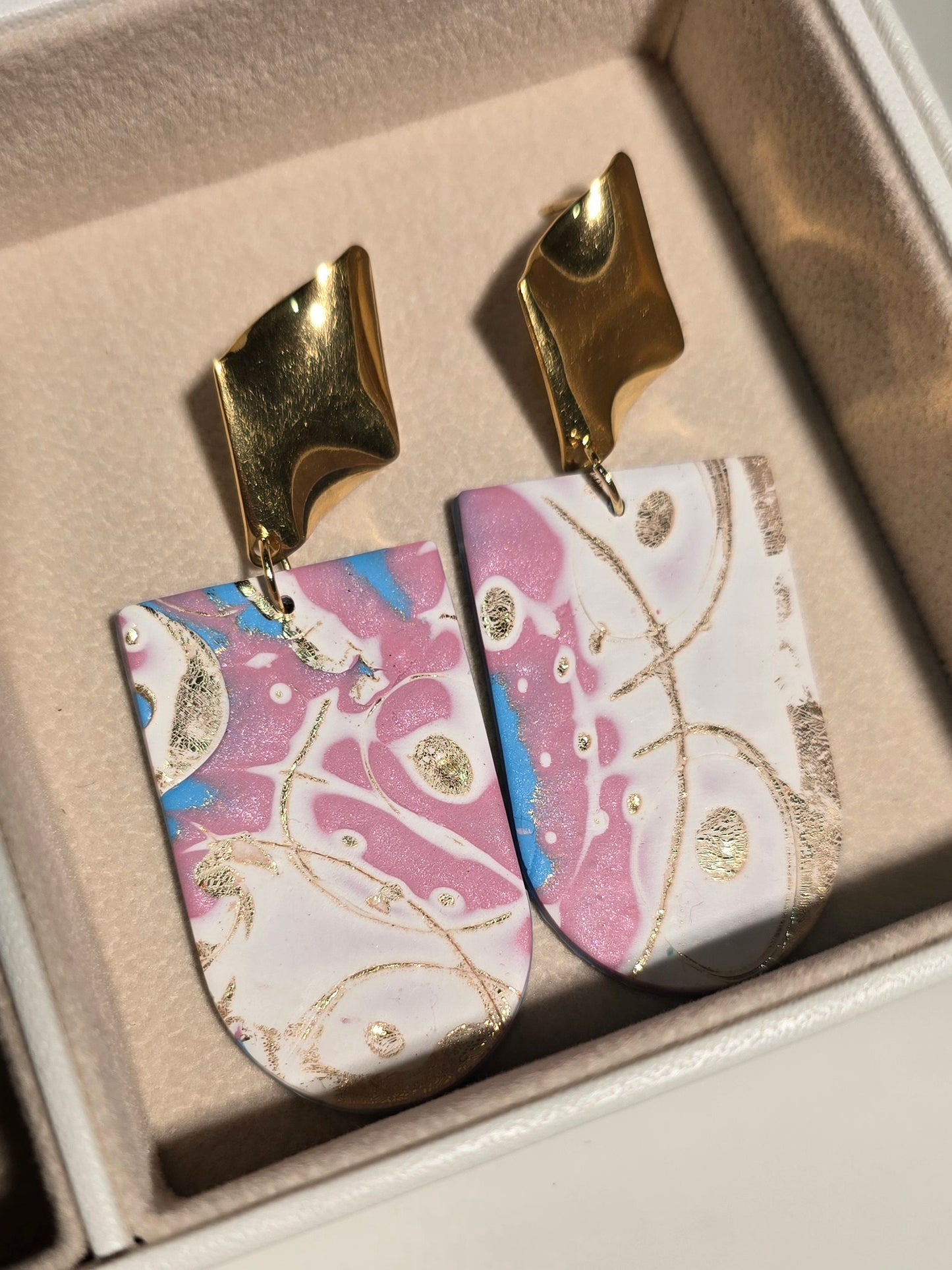 Pink Ripples Mokume Gane dangling earrings