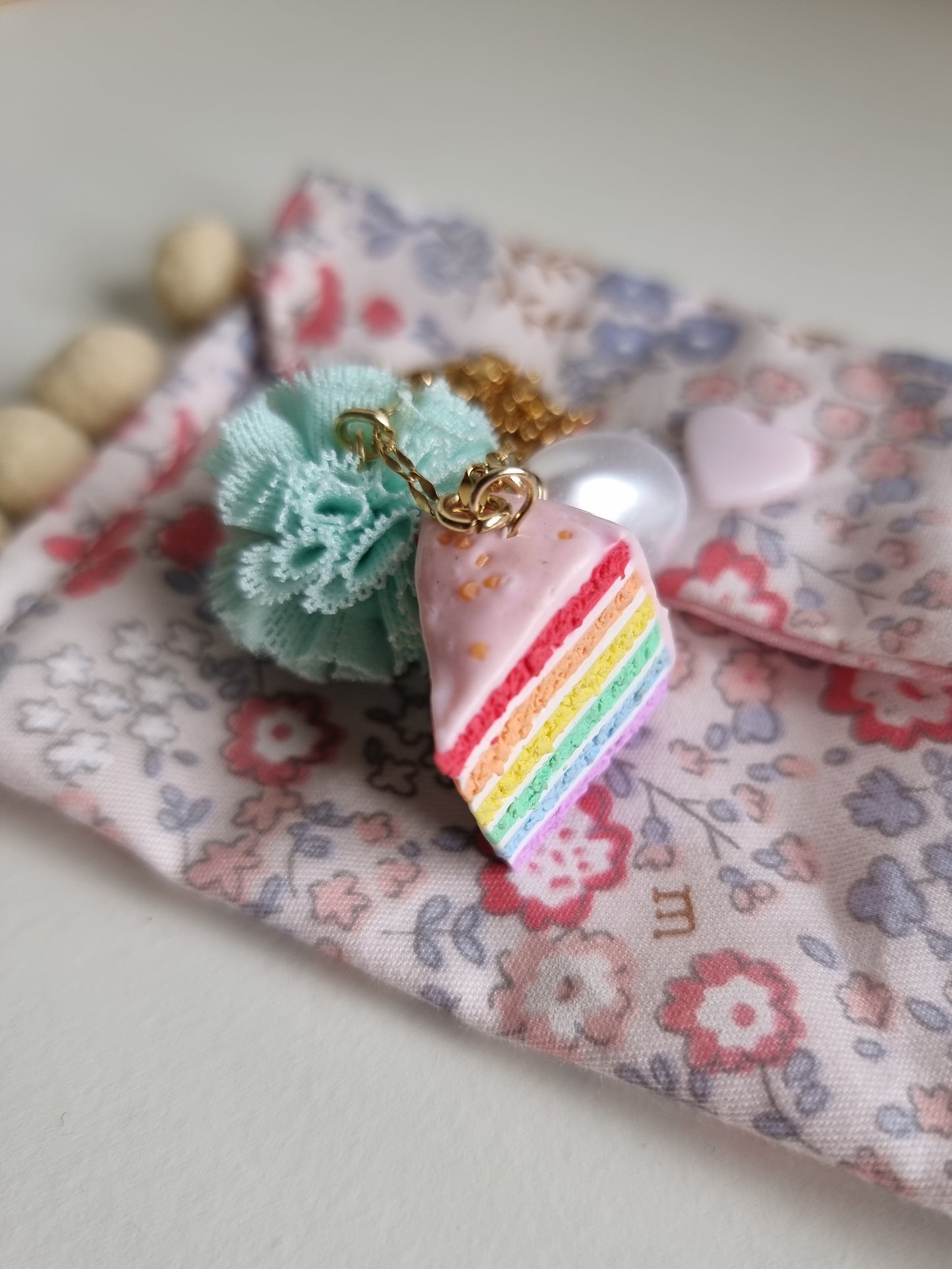 Meri! Pink Rainbow Cake charm necklace with mint pompom