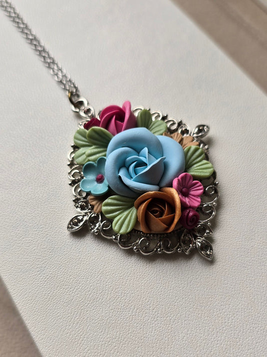 Pale Blue Rose Bouquet Fiore polymer clay necklace