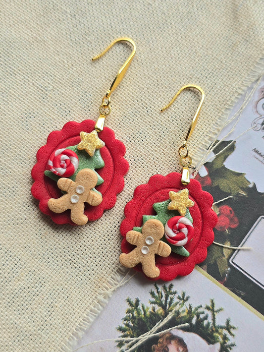 Miniature Gingerbread Christmas cookies in red - dangling earrings