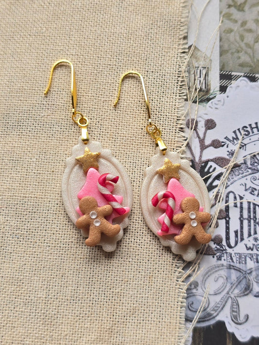 Miniature Gingerbread Christmas cookies in White - dangling earrings