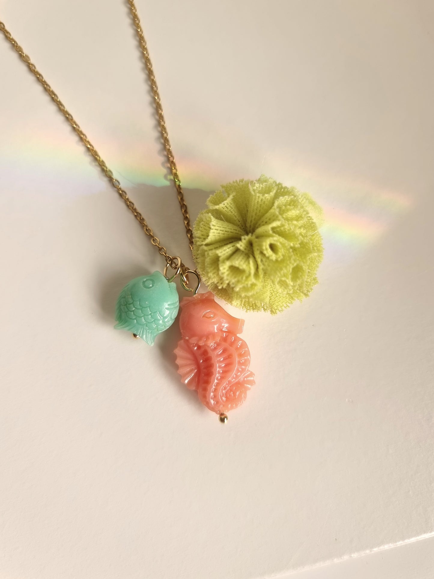 Meri! Seahorse charm necklace with green pompom