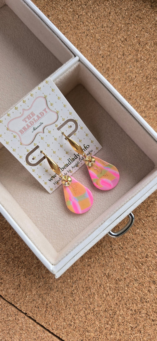 Hot Pink and Yellow Mokume Gane dangling earrings