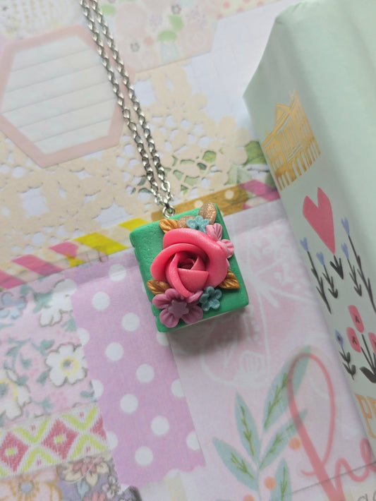 Polymer Clay Book Necklace handmade in the Philippines by Angeli Del Rosario reminds of a green meadow