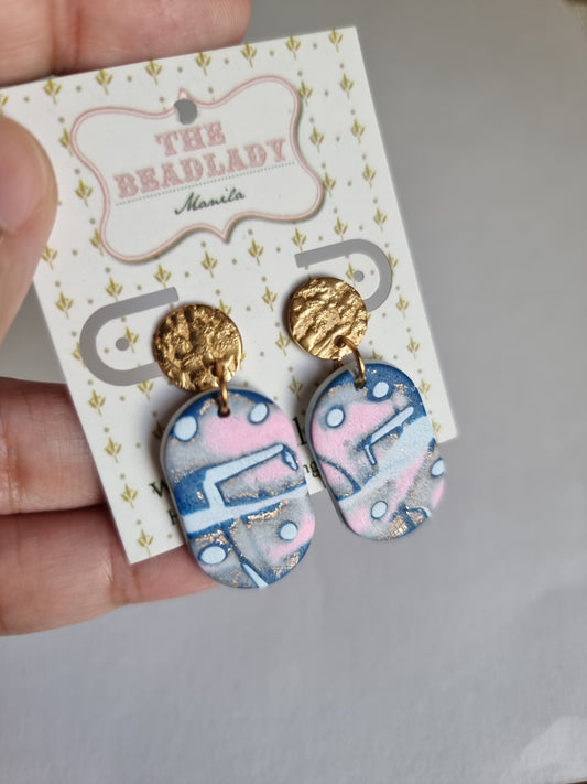 Denim and Pink Mokume Gane dangling earrings