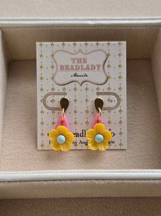 Yellow Flower and Blue Dot Fairydrops Dangling Stud Earrings