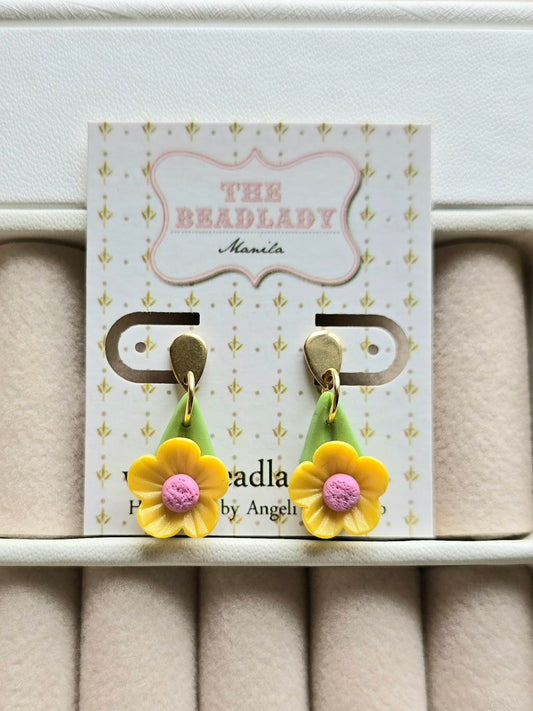 Yellow Flower and Pink Dot Fairydrops Dangling Stud Earrings