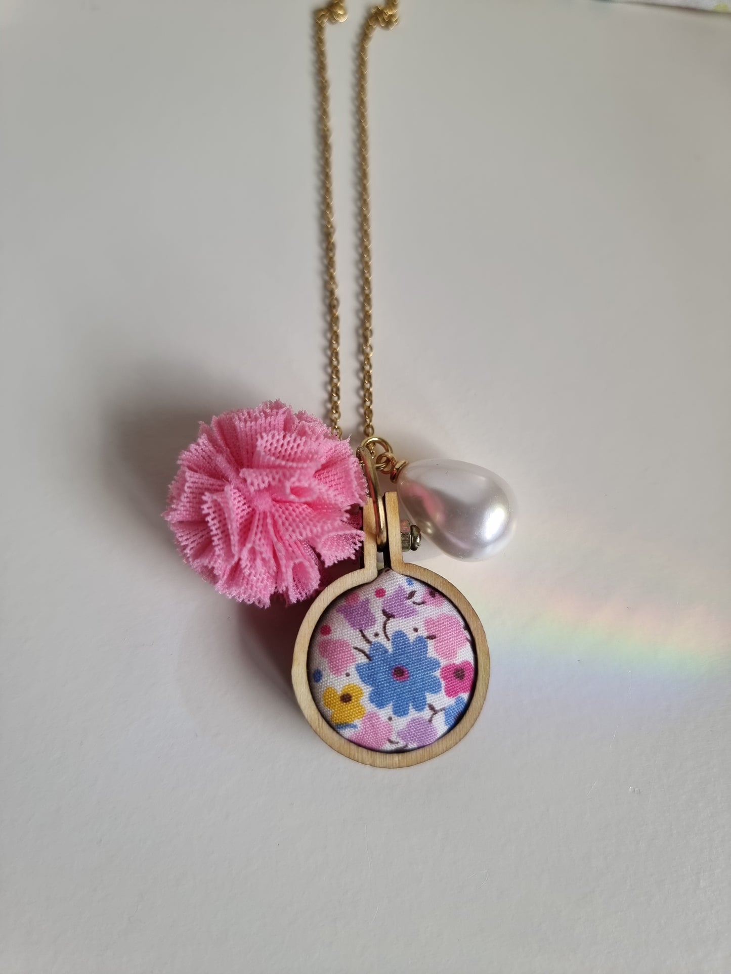 Meri! Miniature embroidery hoop charm necklace