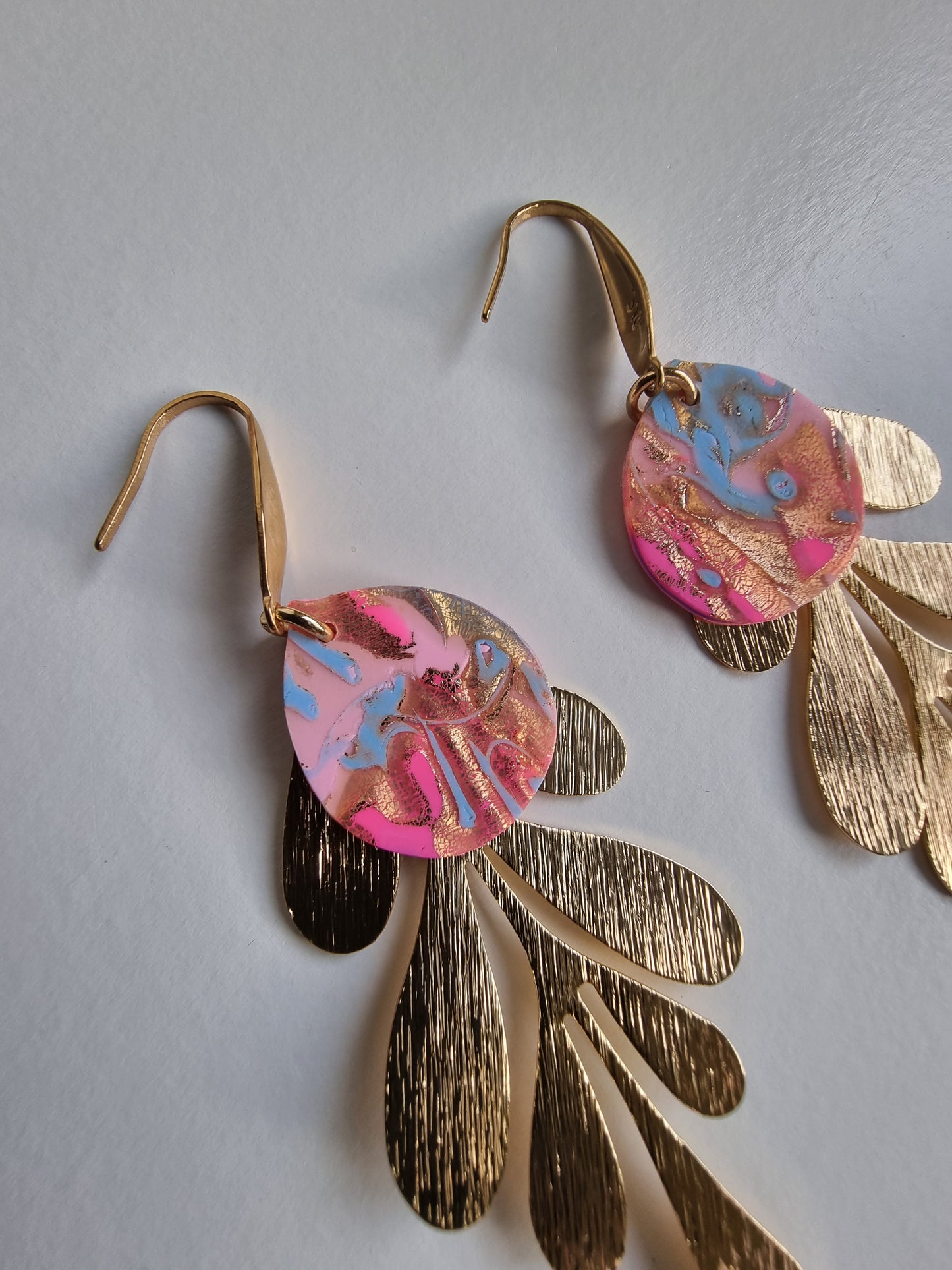 Hot Pink and Gold Mokume gane dangling earrings