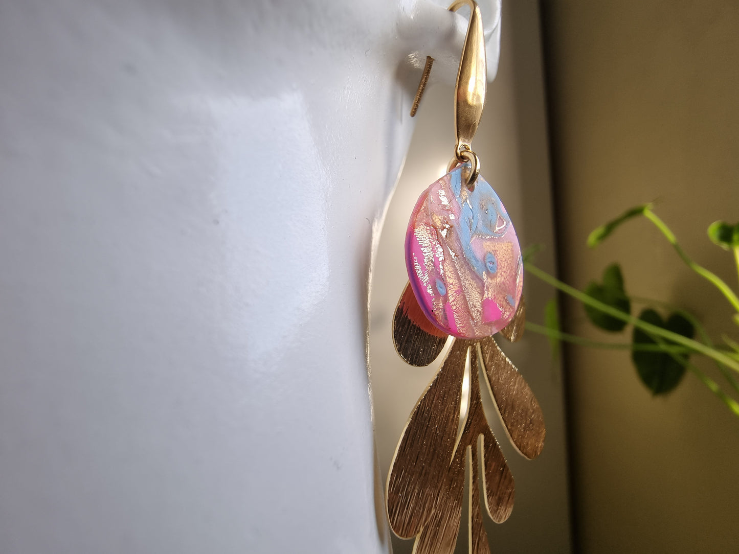 Hot Pink and Gold Mokume gane dangling earrings