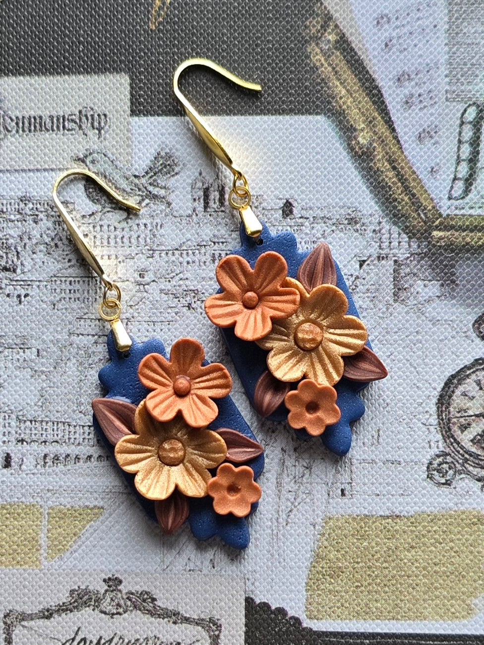 Fairytale Floral Colorburst dangling earrings - blue and copper