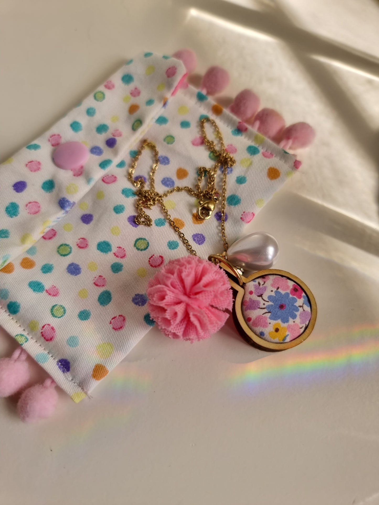 Meri! Miniature embroidery hoop charm necklace