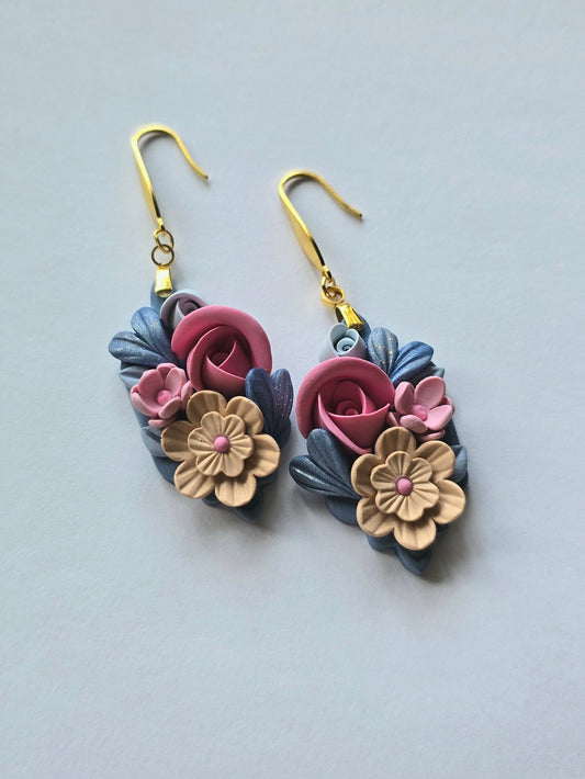 Fairytale Floral Colorburst dangling earrings - pink and ecru